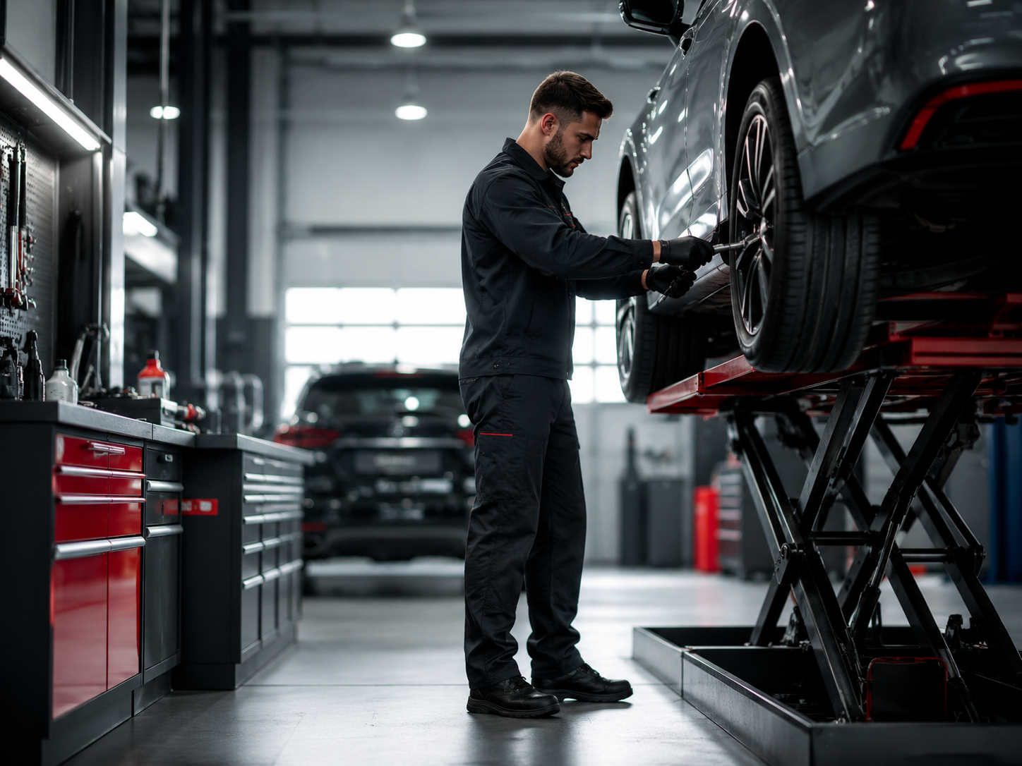 Automechanik vykonáva diagnostiku vozidla pomocou tabletu