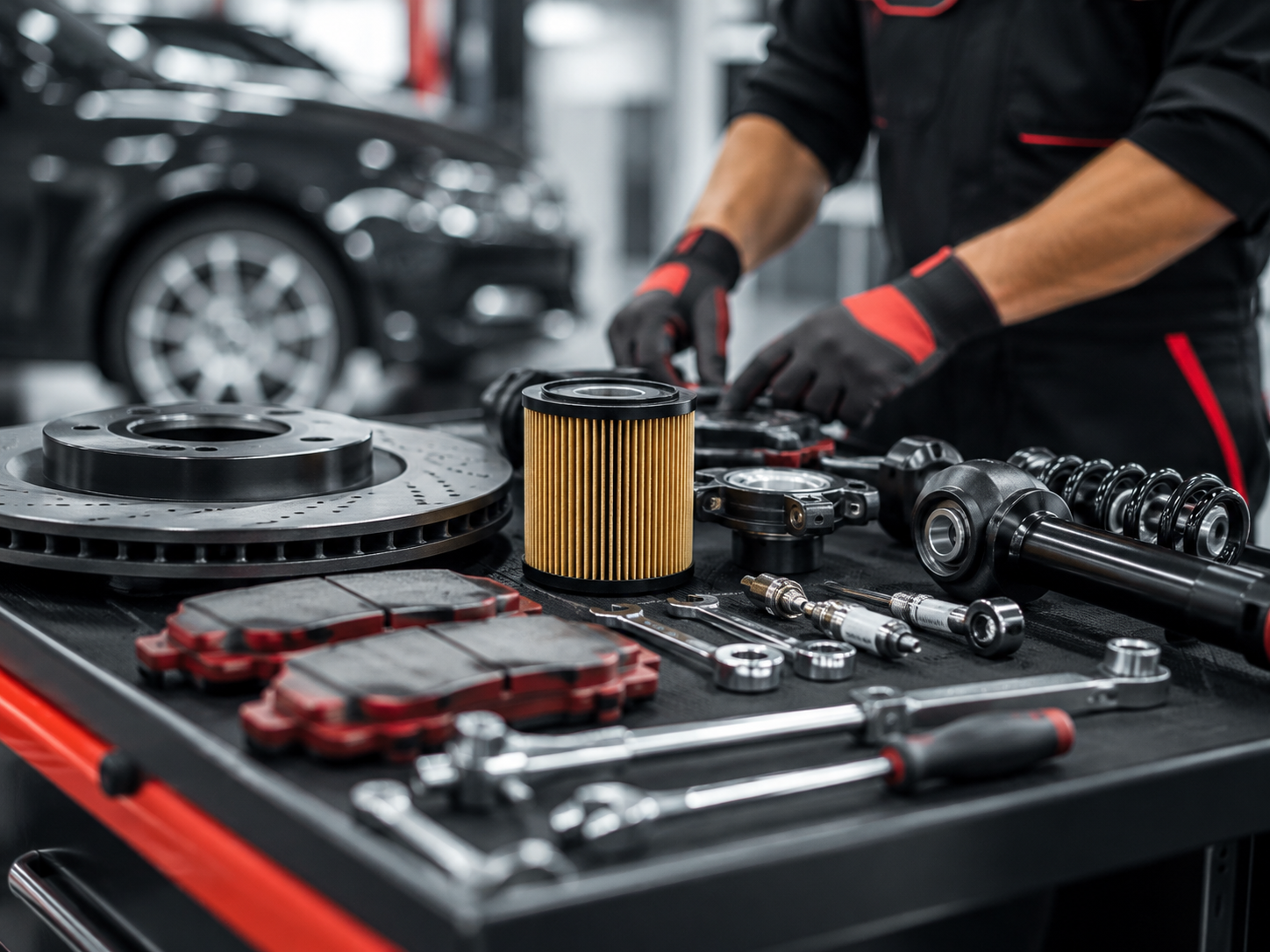 Pracovný stôl s kvalitnými automobilovými dielmi a náradím