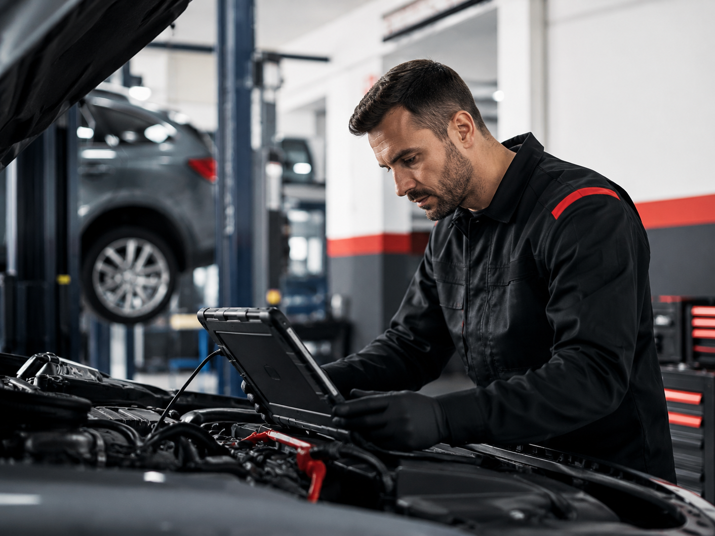 Automechanik pri servise vozidla v modernej dielni