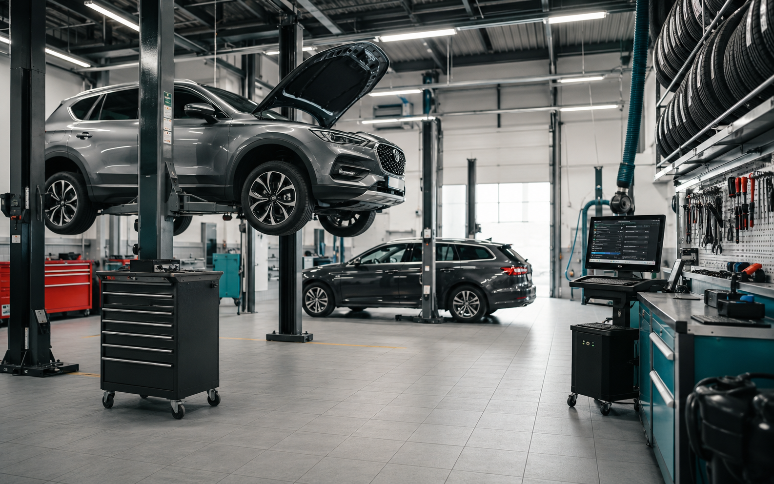 Moderná autoservisná dielňa s vozidlami a servisným vybavením